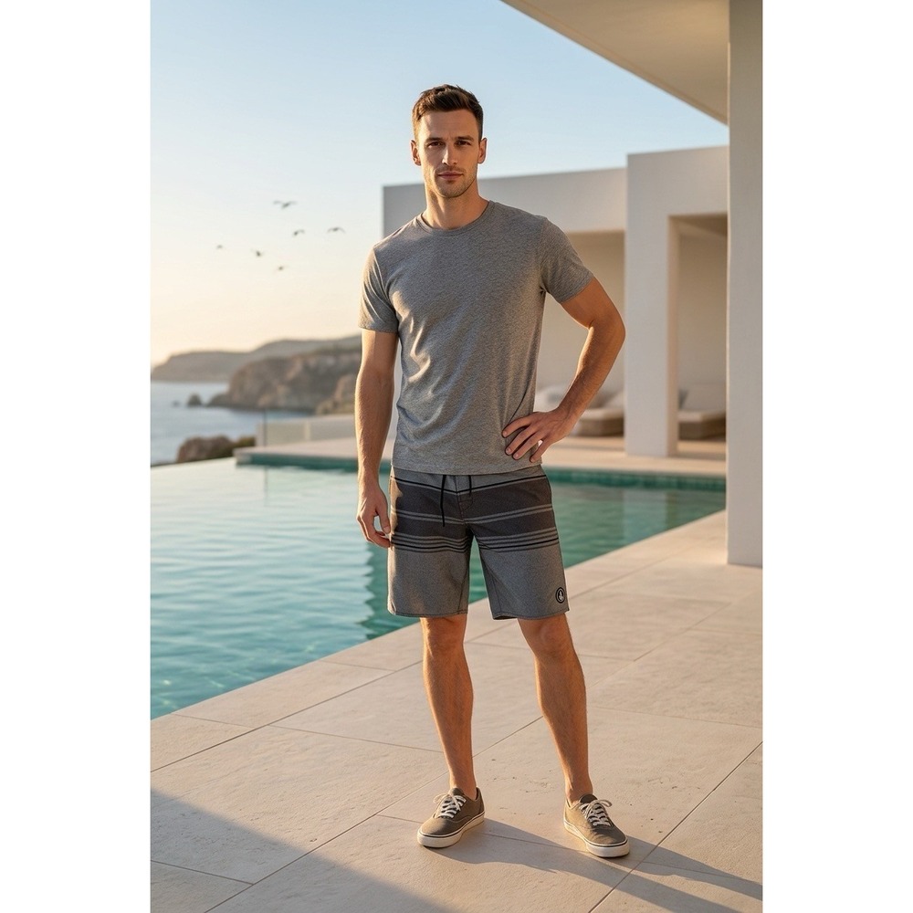 Volcom Mens 4 Way Stretch Board Shorts Grey Striped Swim Trunks Size 30